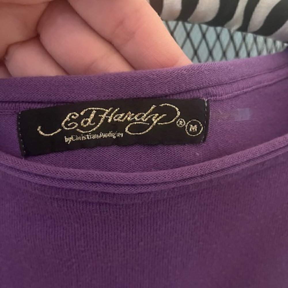 Ed Hardy Sweater Dress Beauty Graphic Print Rhinestone Purple Long Sleeves M EUC - Picture 7 of 16